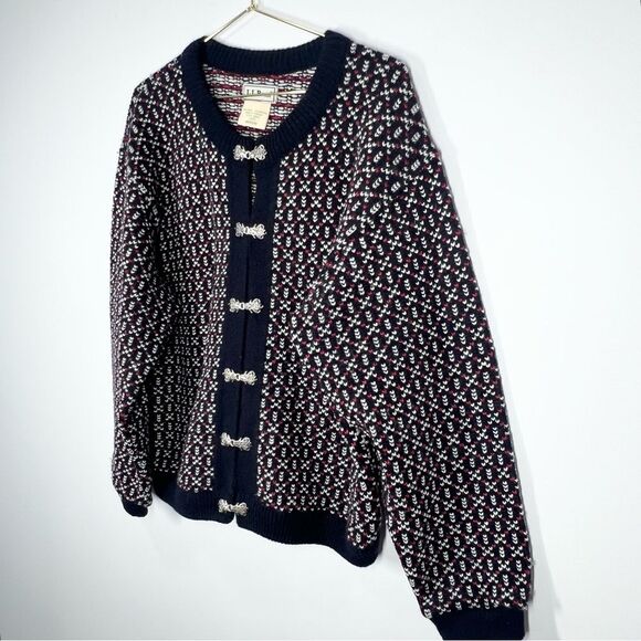 VTG 90s L.L. Bean Wool Blend Nordic Birdseye Silver Clasp Cardigan Sweater M - Picture 4 of 14